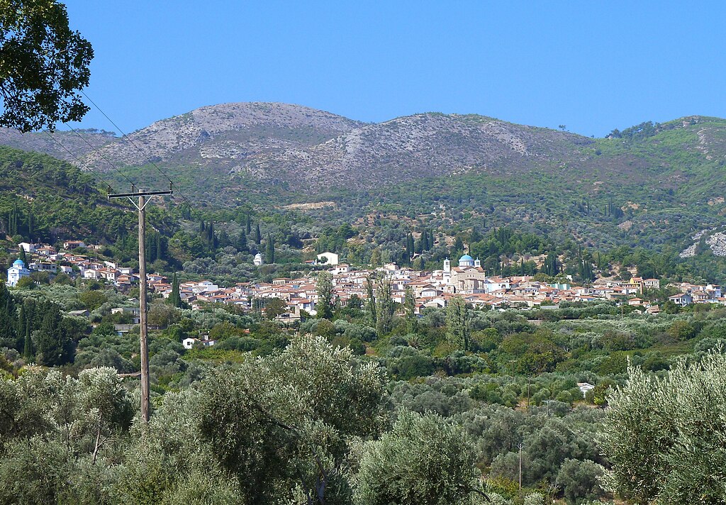 Pagondas village in Samos with traditional houses, bell towers and views over the southern landscape.