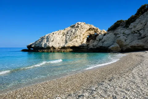 Mikro Seitani Beach in Samos with rocky shores, turquoise sea and untouched nature