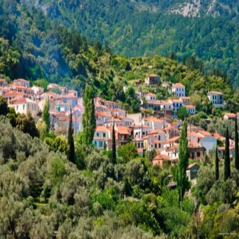 Panoramisch zicht op het dorp Vourliotes op Samos met traditionele huizen en weelderige natuur.