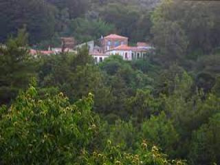 Der Ort Nikoloudes auf Samos mit wenigen Häusern in grüner Hügellandschaft.
